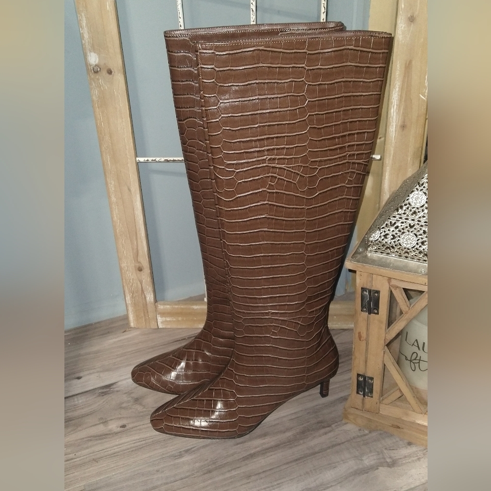 Lulu's Brown Crocodile Pattern Knee-High Boots